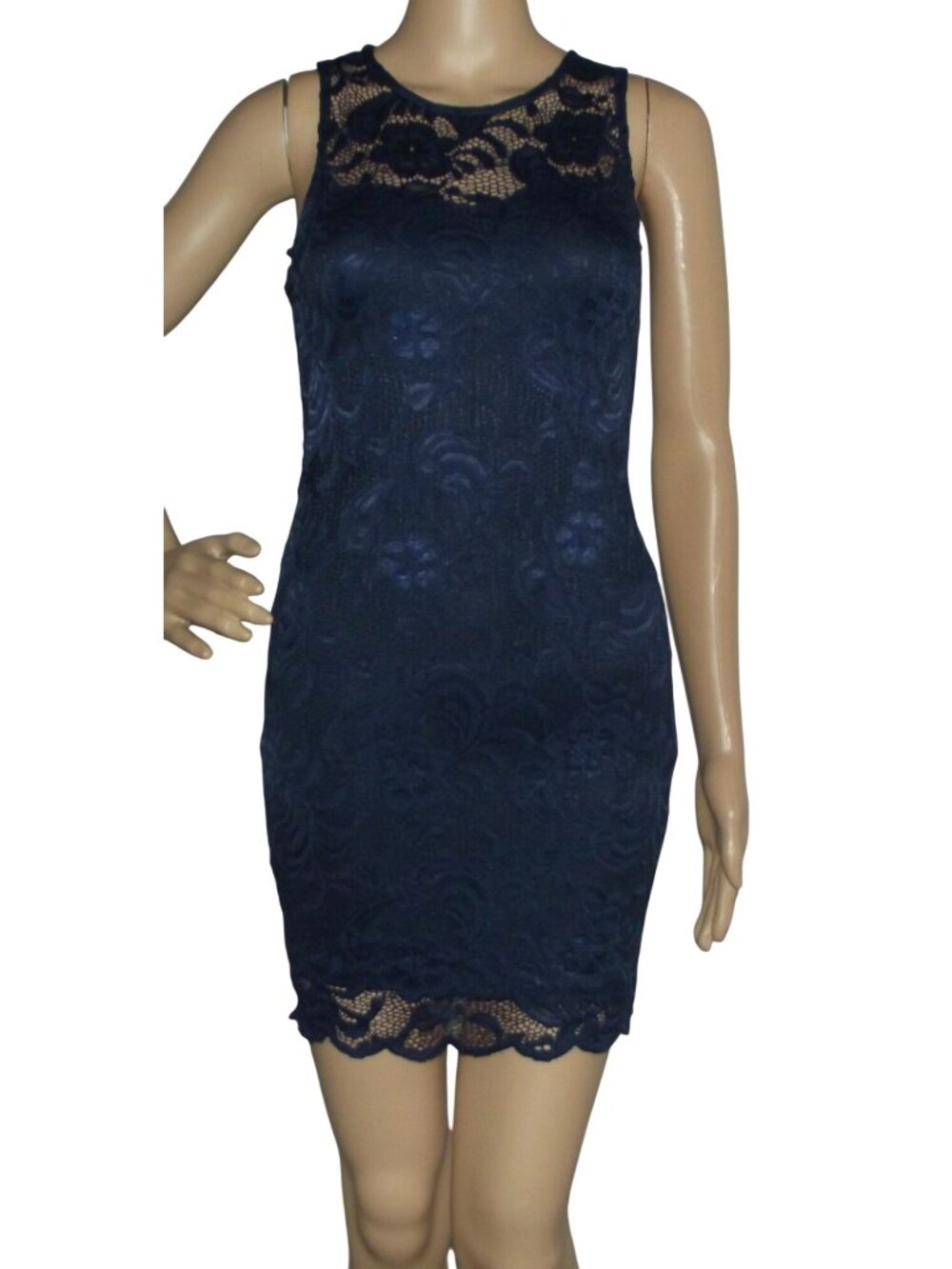 Ambiance Dress Womens Small Lace Illusion Neckline Navy Blue sleeveless sheath